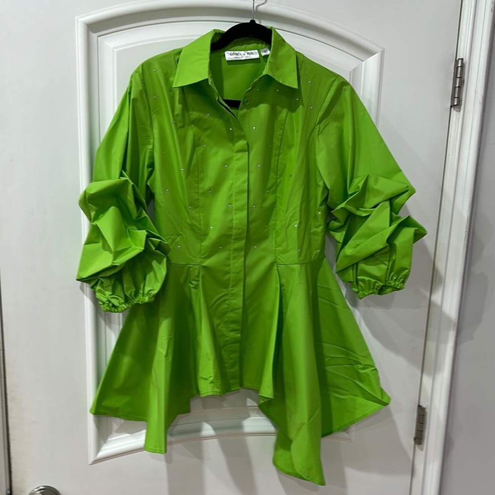 Vibrant Green Ruffled Peplum Button Down Shirt